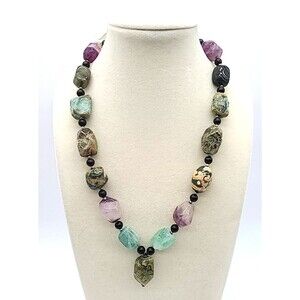 Multi-Gemstone Beaded Necklace - Amethyst, Ocean Jasper, Onyx, Turquoise (?) 18"
